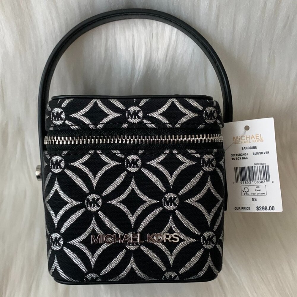 MICHAEL KORS Metallic Floral Extra Small Box Bag in Black/Silver